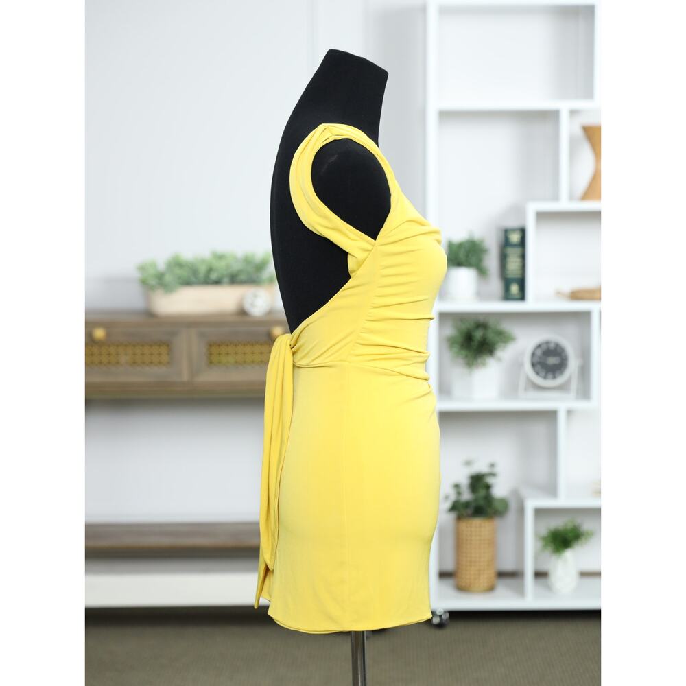 Sunshine Yellow Ruched Bodycon Mini Dress Open Back Knot Detail Y2K Going Out - Picture 8 of 16